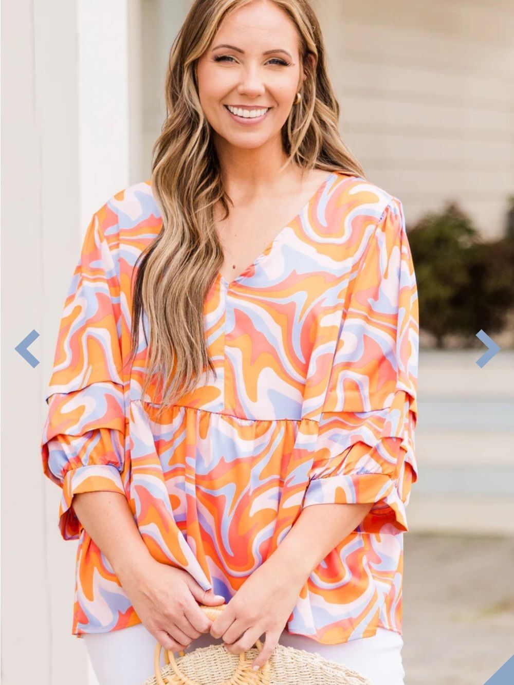 GeeGee Vibrant Swirl Print V-Neck Blouse in Orange & Lavender Boutique Plus 3X